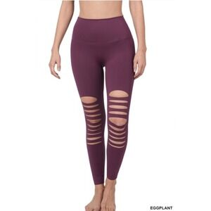Zenana Eggplant Knee Cut-Out High Waisted Leggings – Edgy, Comfy, & Bold
